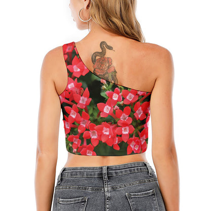 Red Bouvardia Print One Shoulder Crop Top