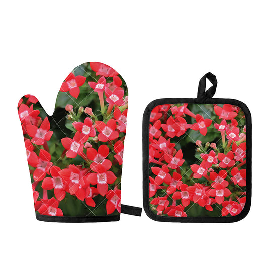 Red Bouvardia Print Oven Mitt And Pot Holder Set