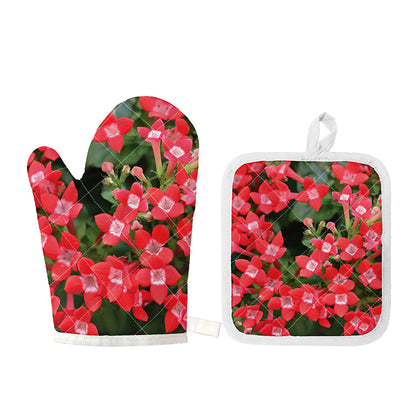 Red Bouvardia Print Oven Mitt And Pot Holder Set