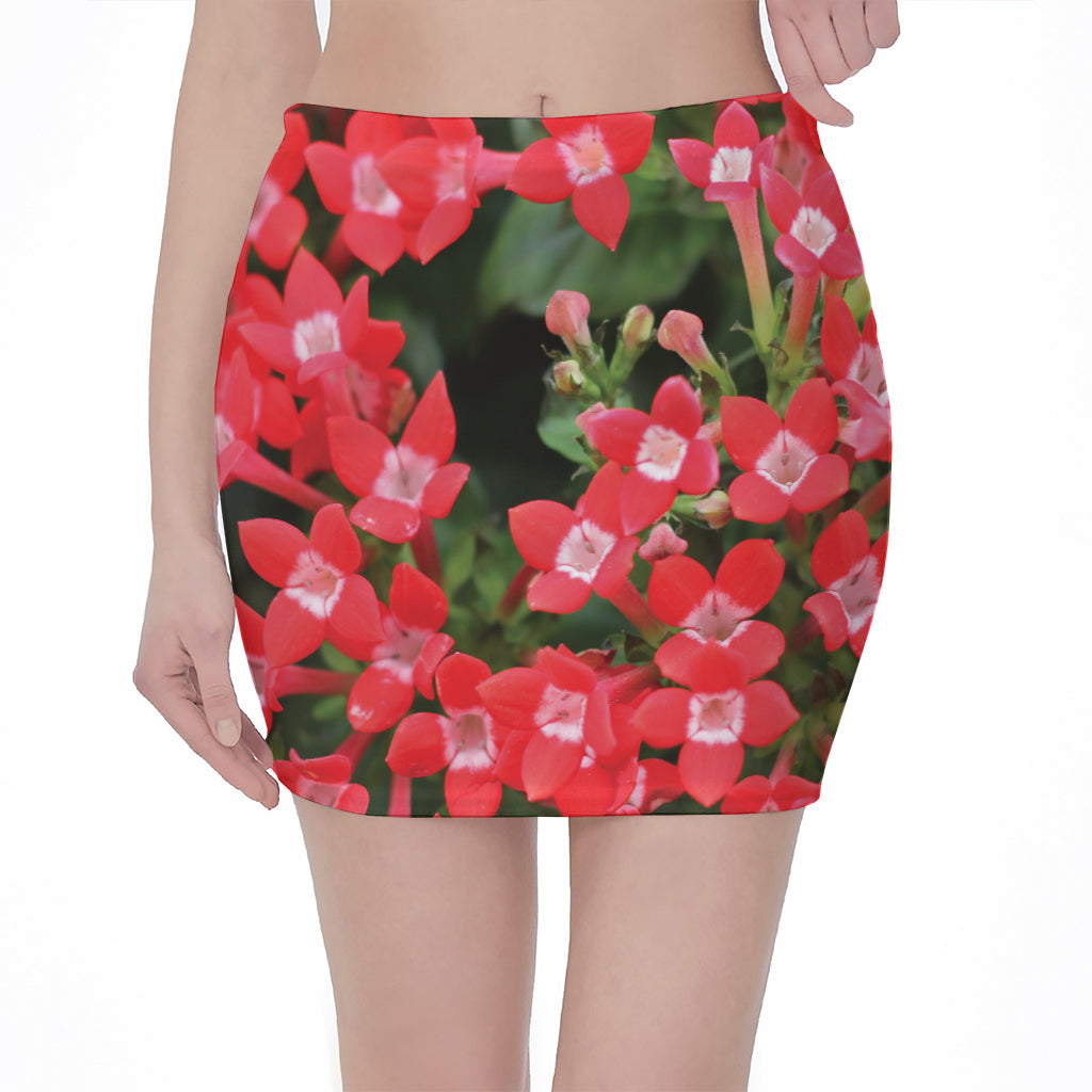 Red Bouvardia Print Pencil Mini Skirt