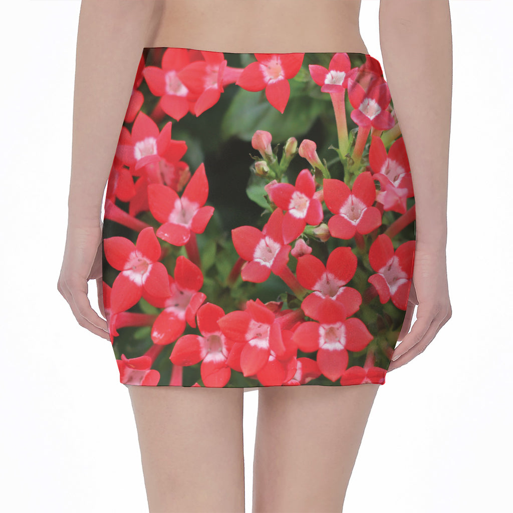 Red Bouvardia Print Pencil Mini Skirt