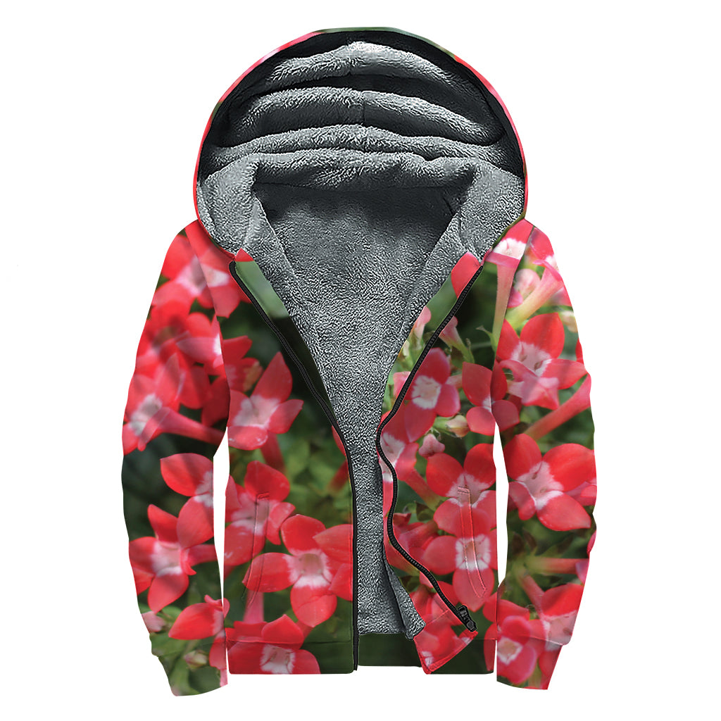 Red Bouvardia Print Sherpa Lined Zip Up Hoodie