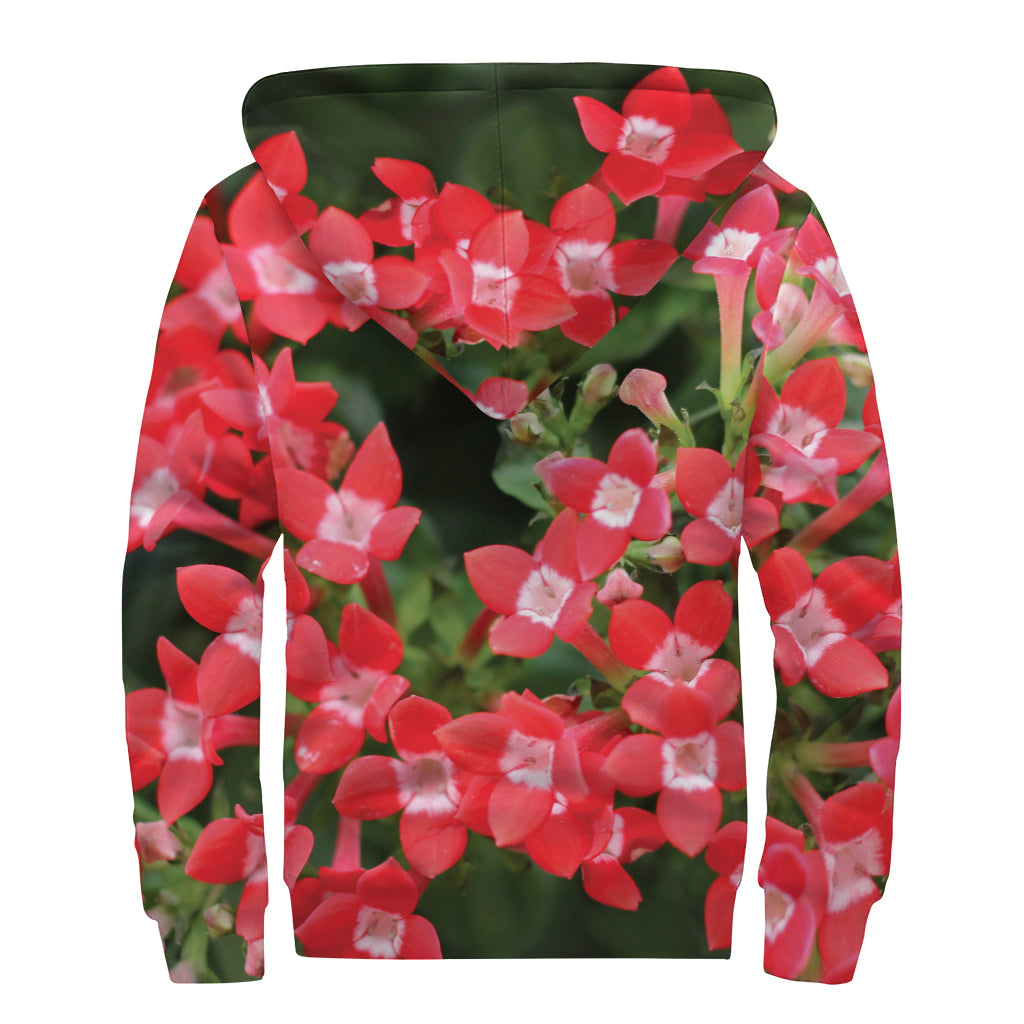 Red Bouvardia Print Sherpa Lined Zip Up Hoodie