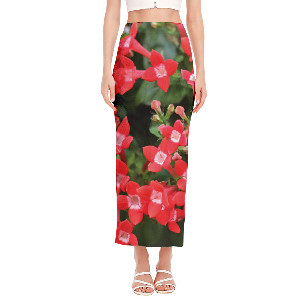 Red Bouvardia Print Side Slit Maxi Skirt