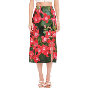 Red Bouvardia Print Side Slit Midi Skirt