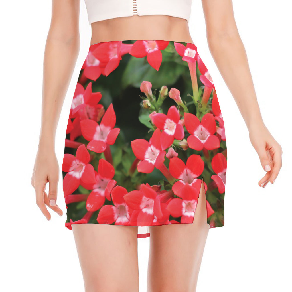 Red Bouvardia Print Side Slit Mini Skirt