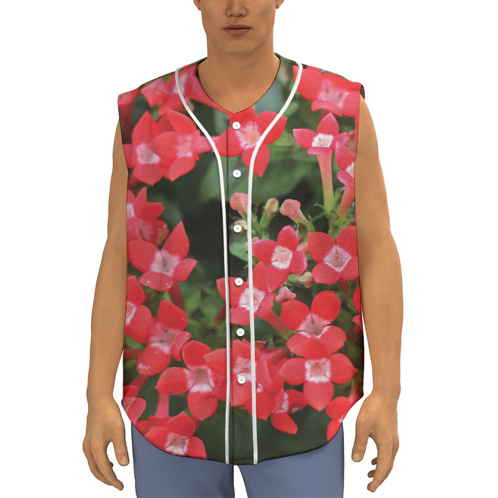 Red Bouvardia Print Sleeveless Baseball Jersey