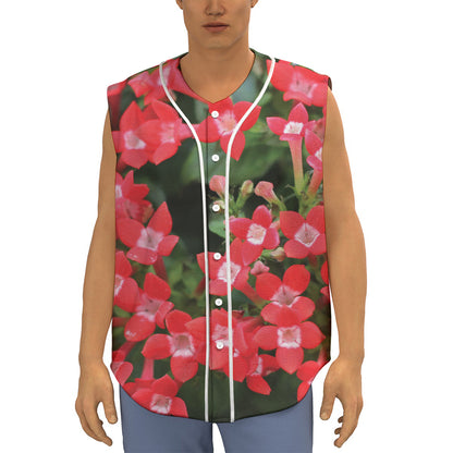 Red Bouvardia Print Sleeveless Baseball Jersey