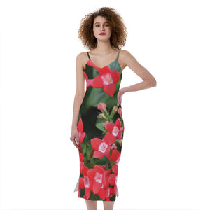 Red Bouvardia Print Slim Fit Midi Cami Dress