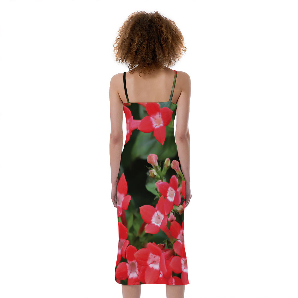 Red Bouvardia Print Slim Fit Midi Cami Dress