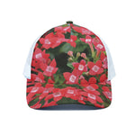 Red Bouvardia Print White Mesh Trucker Cap