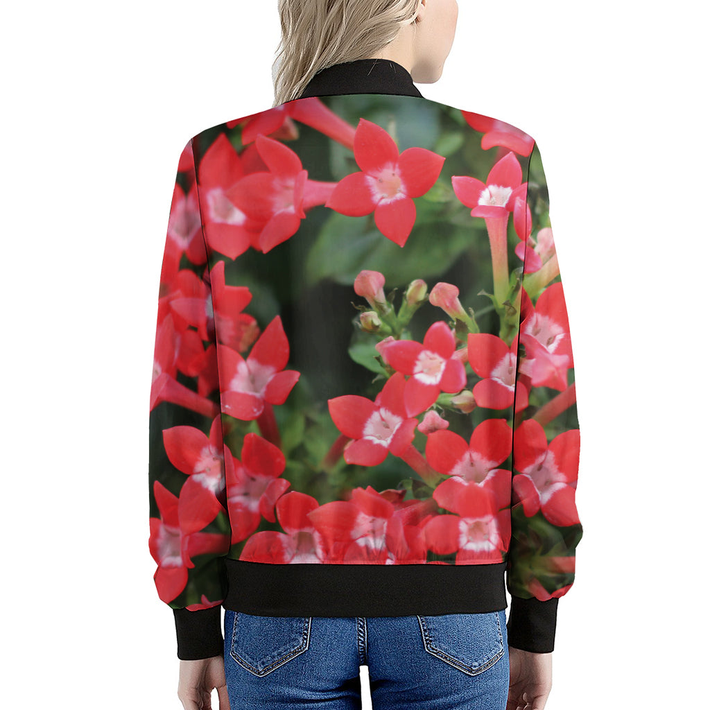 Red Bouvardia Print Women's Bomber Jacket