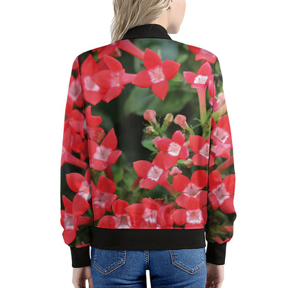 Red Bouvardia Print Women's Bomber Jacket