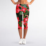 Red Bouvardia Print Women's Capri Leggings