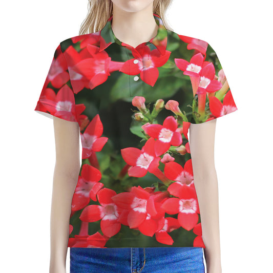 Red Bouvardia Print Women's Polo Shirt