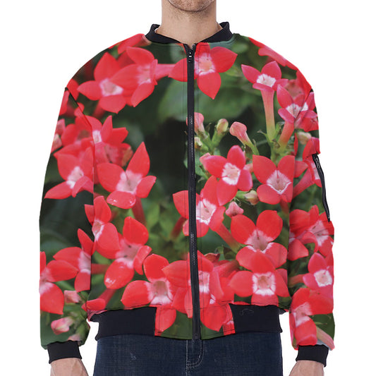 Red Bouvardia Print Zip Sleeve Bomber Jacket