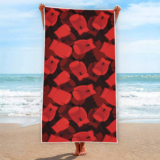 Red Boxing Gloves Pattern Print Beach Towel
