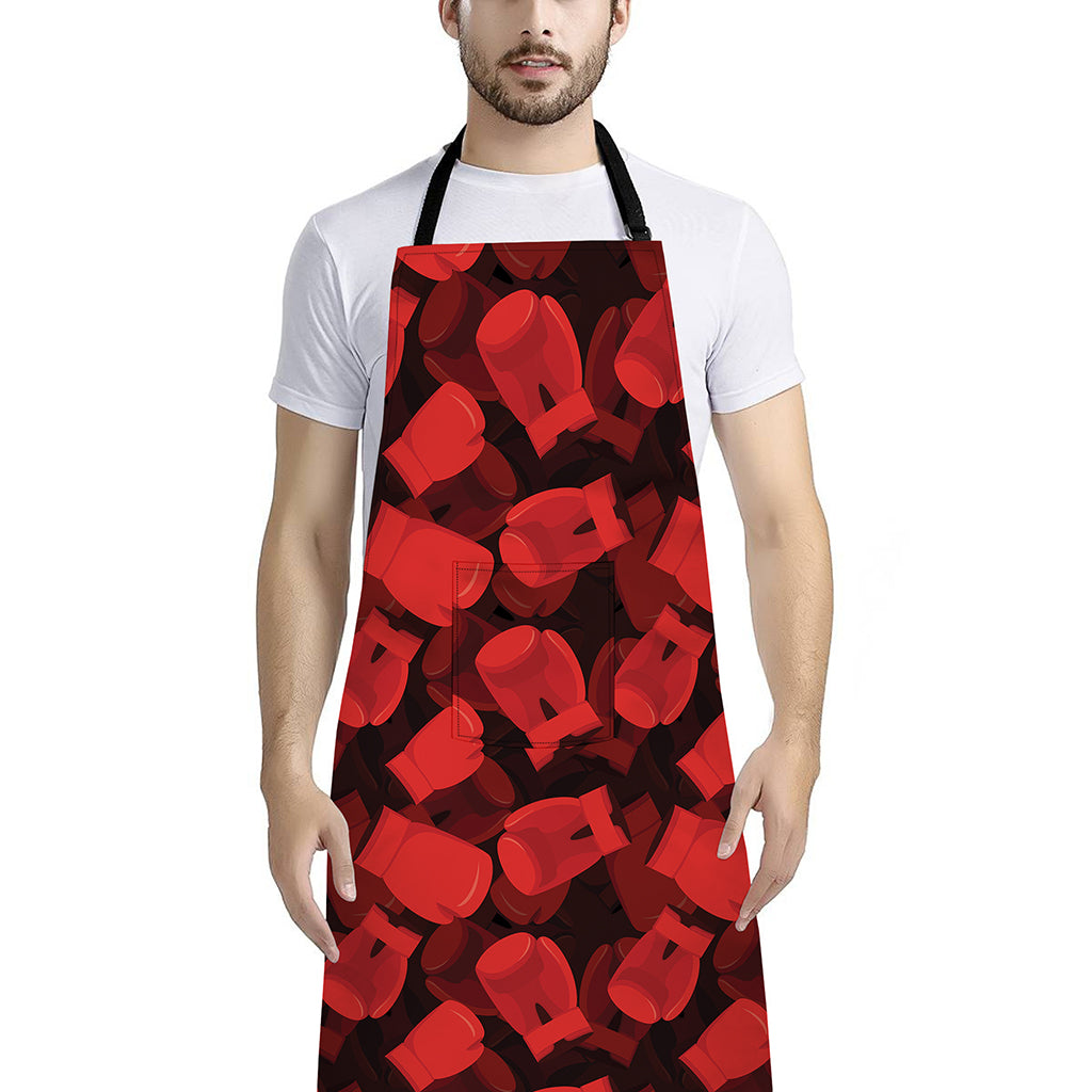 Red Boxing Gloves Pattern Print Bib Apron With Pocket