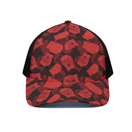 Red Boxing Gloves Pattern Print Black Mesh Trucker Cap