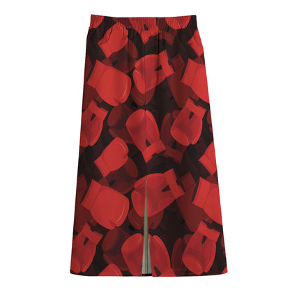 Red Boxing Gloves Pattern Print Cotton Front Slit Maxi Skirt