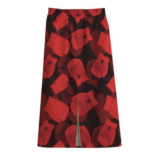 Red Boxing Gloves Pattern Print Cotton Front Slit Maxi Skirt