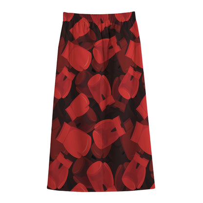 Red Boxing Gloves Pattern Print Cotton Front Slit Maxi Skirt