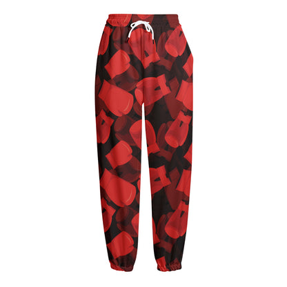Red Boxing Gloves Pattern Print Fleece Lined Knit Pants