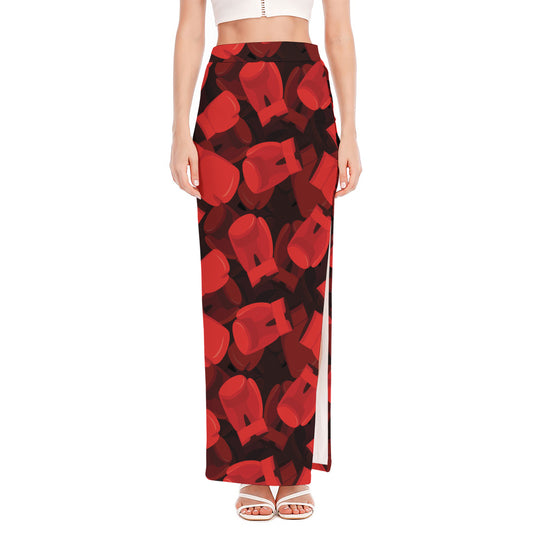 Red Boxing Gloves Pattern Print High Slit Maxi Skirt