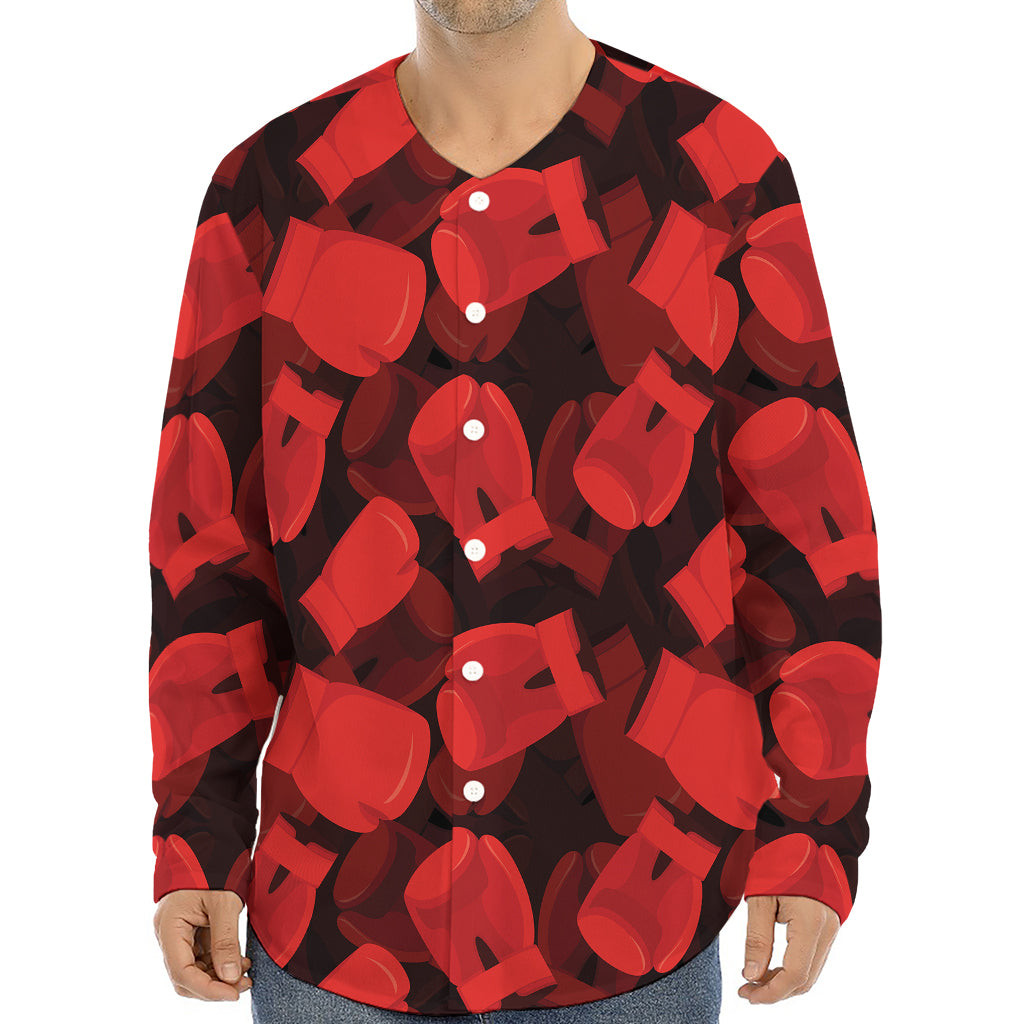 Red Boxing Gloves Pattern Print Long Sleeve Baseball Jersey