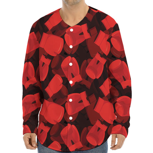 Red Boxing Gloves Pattern Print Long Sleeve Baseball Jersey