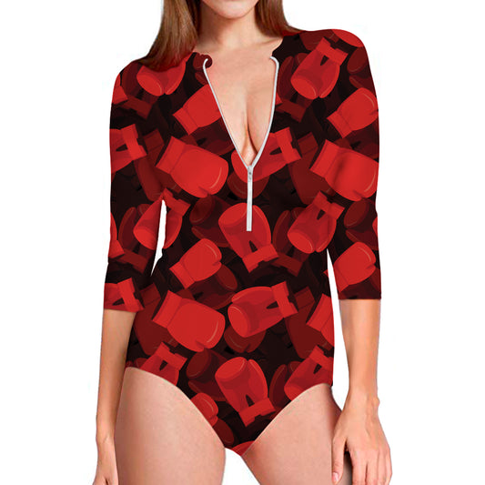 Red Boxing Gloves Pattern Print Long Sleeve Swimsuit