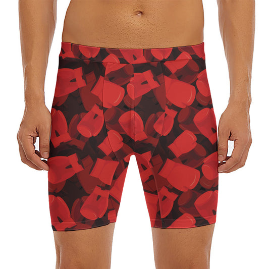 Red Boxing Gloves Pattern Print Men's Long Boxer Briefs
