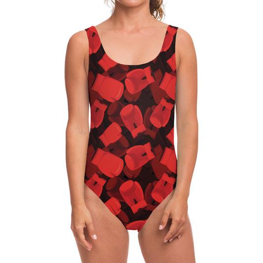 Red Boxing Gloves Pattern Print One Piece Swimsuit