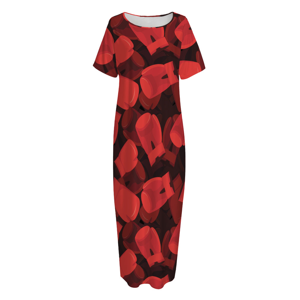 Red Boxing Gloves Pattern Print Short Sleeve Long Nightdress
