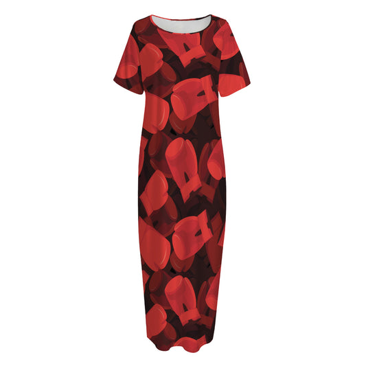 Red Boxing Gloves Pattern Print Short Sleeve Long Nightdress