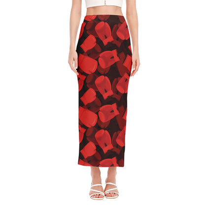 Red Boxing Gloves Pattern Print Side Slit Maxi Skirt