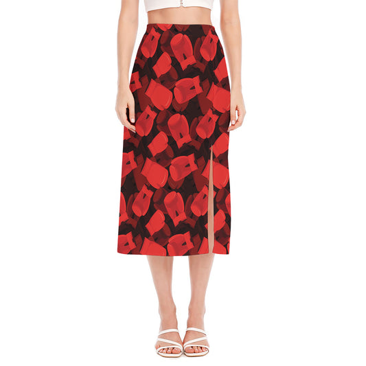 Red Boxing Gloves Pattern Print Side Slit Midi Skirt
