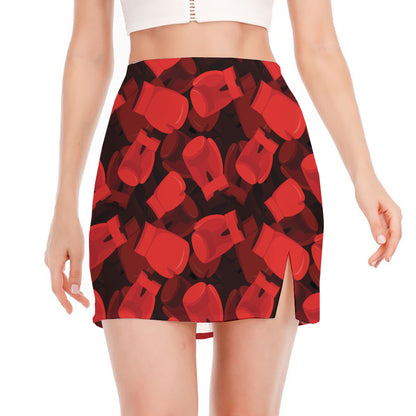 Red Boxing Gloves Pattern Print Side Slit Mini Skirt