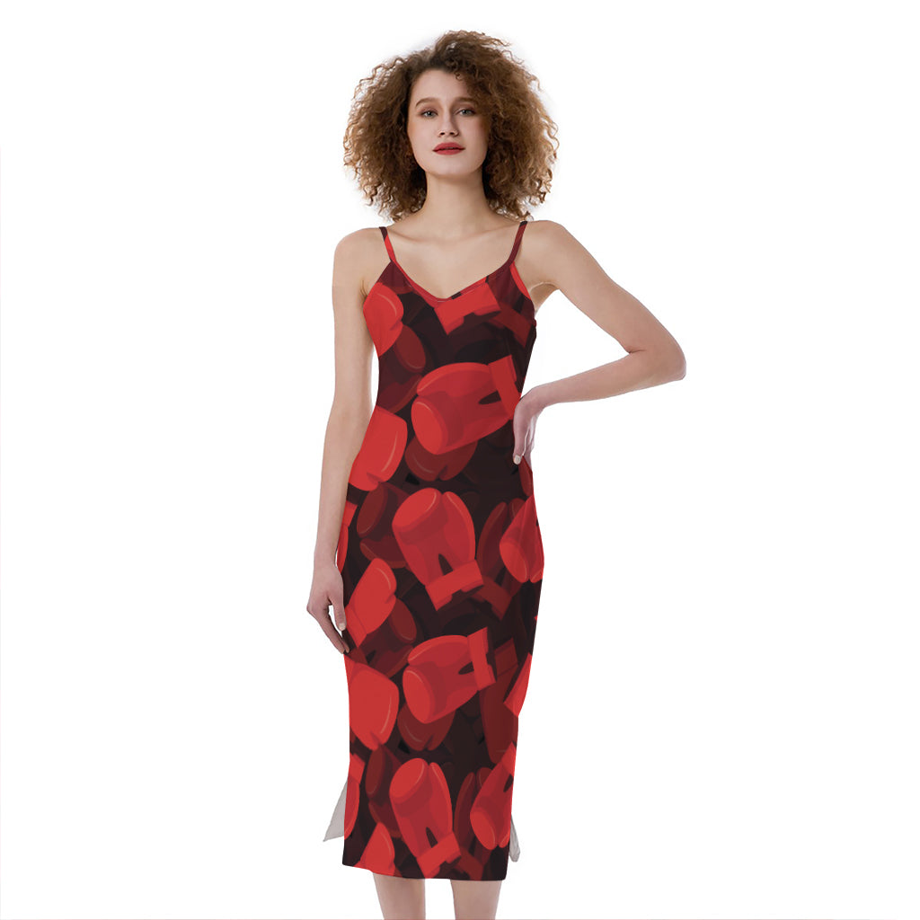 Red Boxing Gloves Pattern Print Slim Fit Midi Cami Dress
