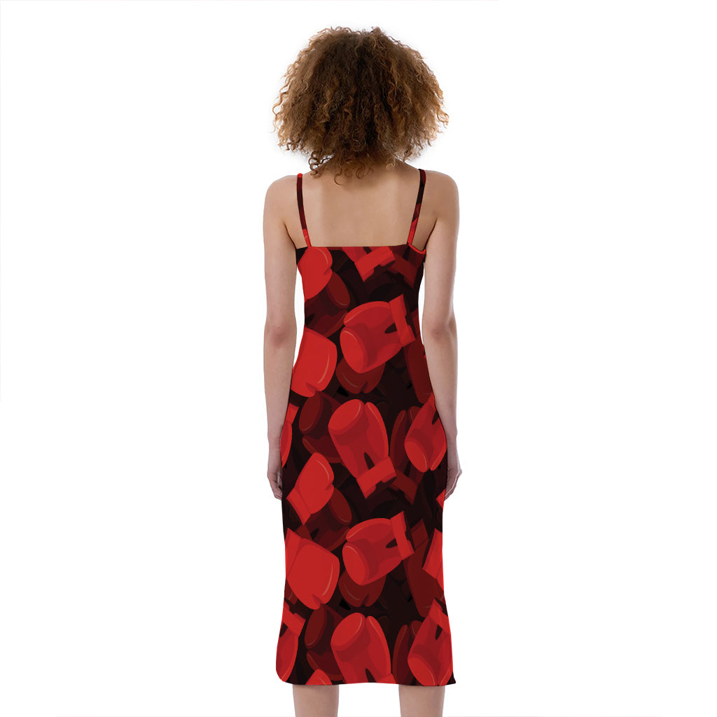 Red Boxing Gloves Pattern Print Slim Fit Midi Cami Dress