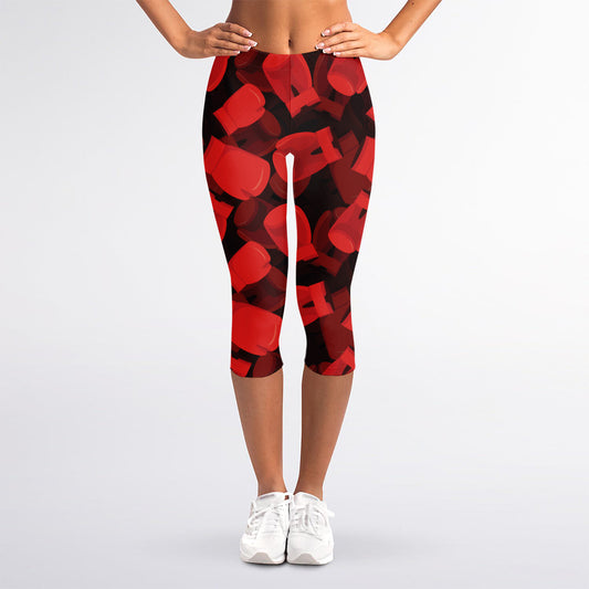 Red Boxing Gloves Pattern Print Women's Capri Leggings