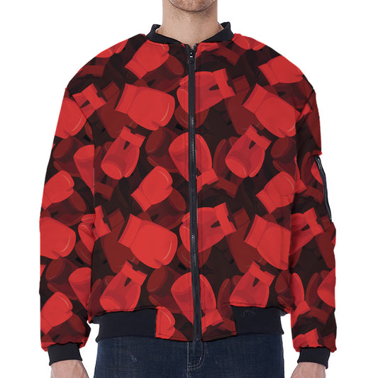 Red Boxing Gloves Pattern Print Zip Sleeve Bomber Jacket