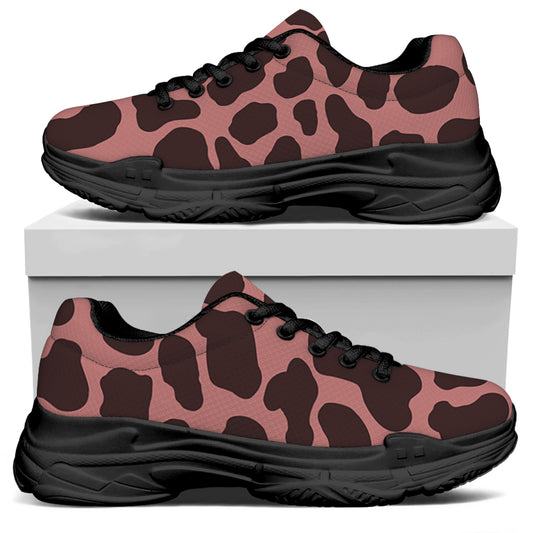 Red Brown Cow Print Black Chunky Shoes