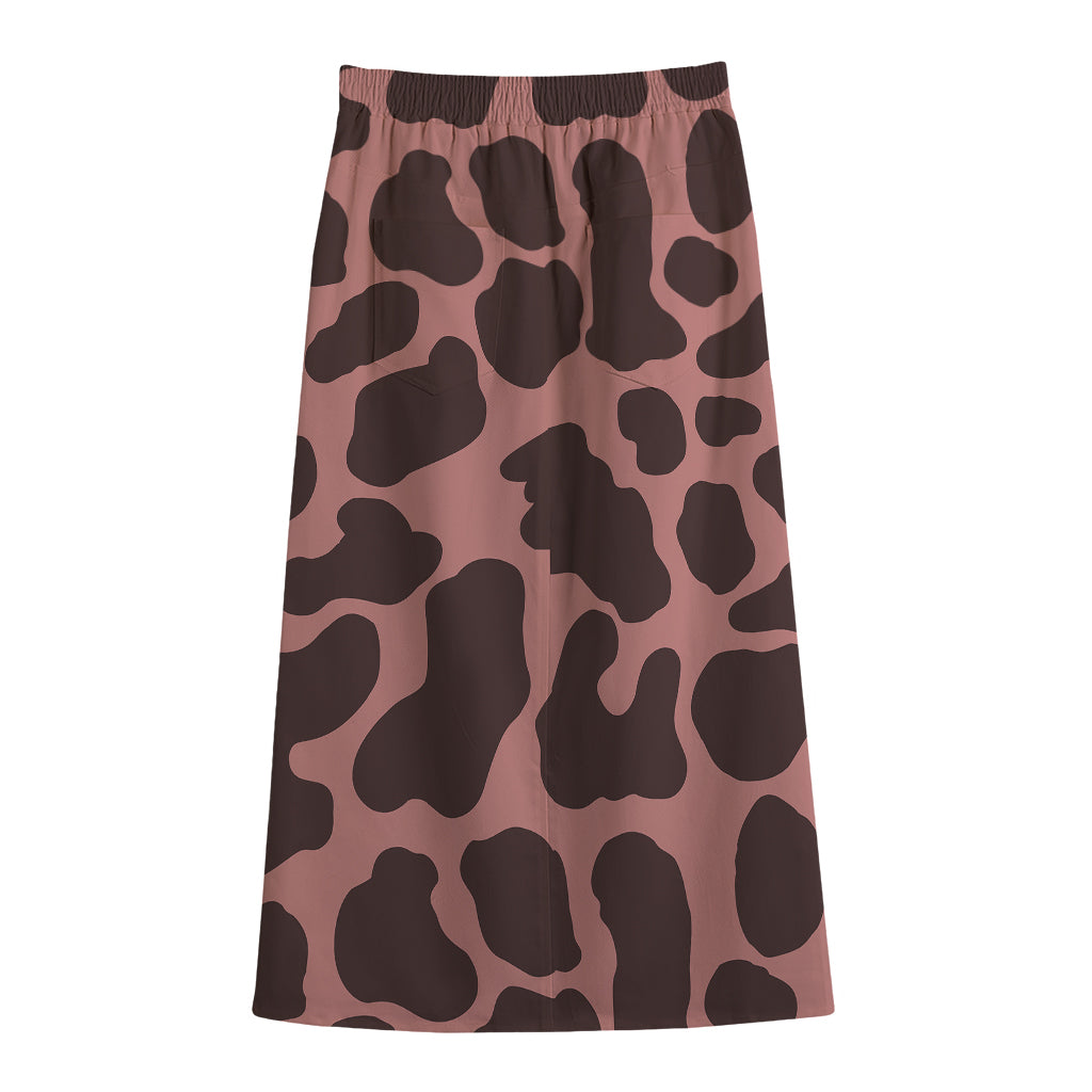 Red Brown Cow Print Cotton Front Slit Maxi Skirt