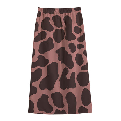Red Brown Cow Print Cotton Front Slit Maxi Skirt