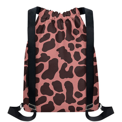 Red Brown Cow Print Drawstring Backpack