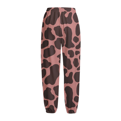 Red Brown Cow Print Fleece Lined Knit Pants