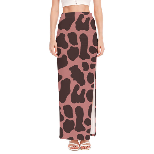 Red Brown Cow Print High Slit Maxi Skirt