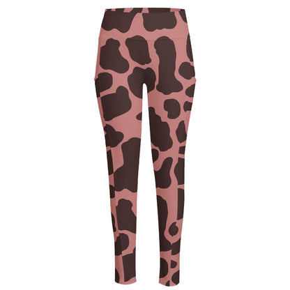 Red Brown Cow Print High-Waisted Pocket Leggings