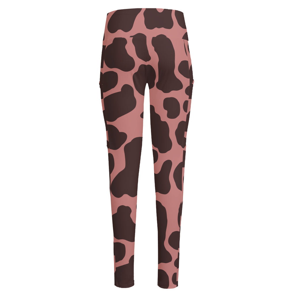 Red Brown Cow Print High-Waisted Pocket Leggings